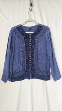 Geeta Blouse Womens Free Size Blue Embroidered Velvet Button Front Boho Top